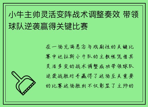 小牛主帅灵活变阵战术调整奏效 带领球队逆袭赢得关键比赛