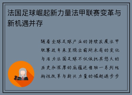 法国足球崛起新力量法甲联赛变革与新机遇并存