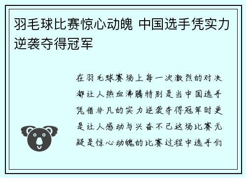 羽毛球比赛惊心动魄 中国选手凭实力逆袭夺得冠军