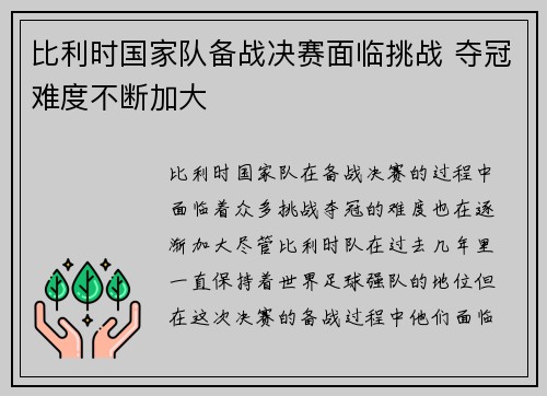 比利时国家队备战决赛面临挑战 夺冠难度不断加大